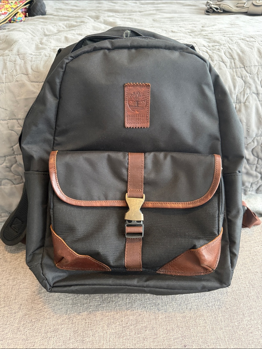 Timberland Black Backpack with Brown Leather Trim